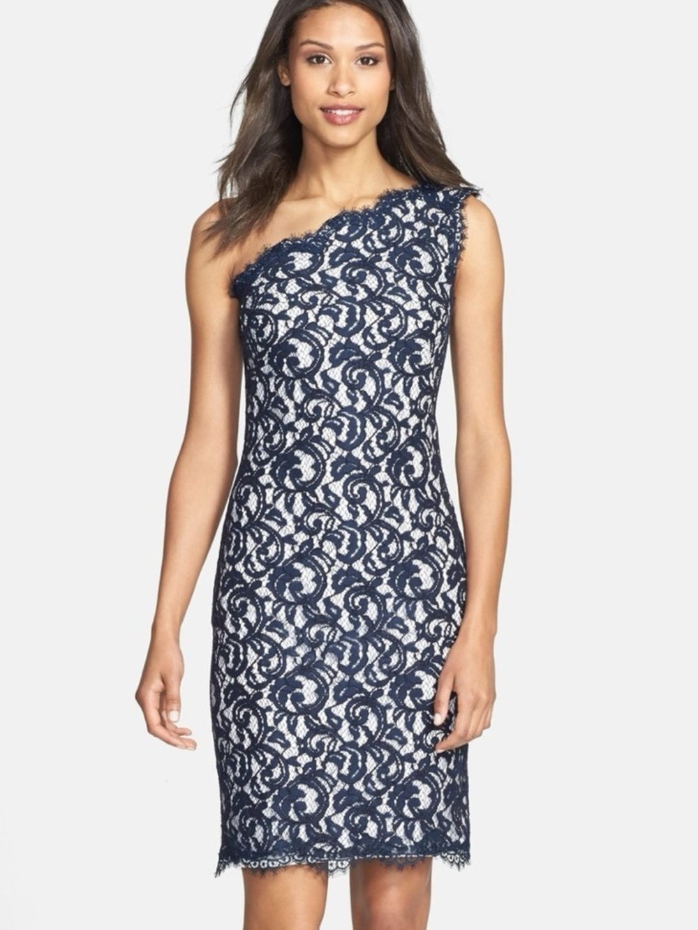 Tadashi Shoji Navy One-Shoulder Lace Sheath Dress - Picture 3 of 9